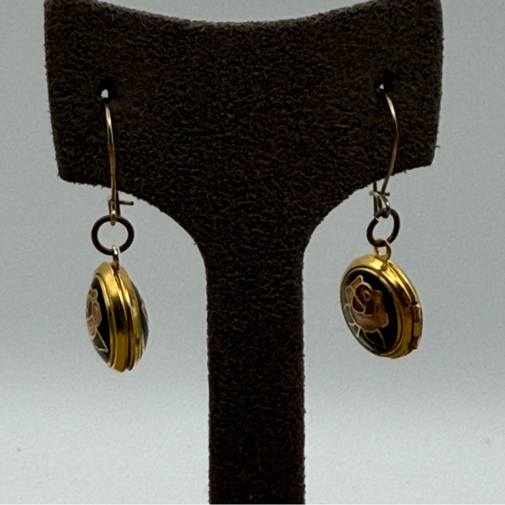 Elegant Gold and Black Floral cloisonné Earrings